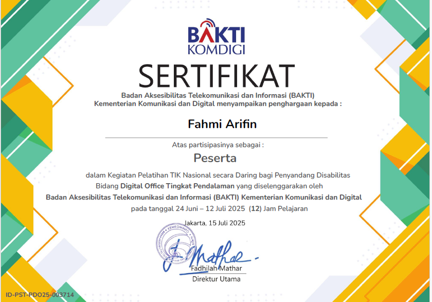 Lihat Sertifikat Pelatihan TIK Nasional Daring: Digital Office Tingkat Pendalaman dalam ukuran penuh
